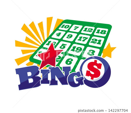 Lottery bingo and lotto winner icon with lucky dollar ball, numbered card, star and celebratory sunburst. Emblem of luck, prize or jackpot excitement for gaming events promotions, winner announcements Lottery bingo and lotto winner icon with lucky dollar ball, numbered card, star and celebratory sunburst. Emblem of luck, prize or jackpot excitement for gaming events promotions, winner announcements 142297704