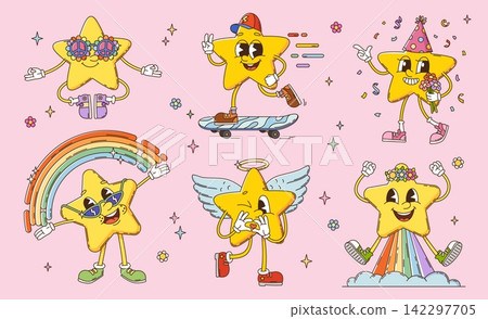 Cartoon groovy star characters set with cute happy faces, playful poses, rainbow, angel wings, party elements and skateboard. Vector retro y2k hippie fantasy star personages with flowers, peace signs Cartoon groovy star characters set with cute happy faces, playful poses, rainbow, angel wings, party elements and skateboard. Vector retro y2k hippie fantasy star personages with flowers, peace signs 142297705