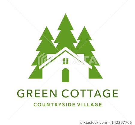 Eco house symbol featuring minimalist cottage silhouette and green pine trees. Modern green white emblem for real estate agency, mountain resorts and residence apartment building construction symbols Eco house symbol featuring minimalist cottage silhouette and green pine trees. Modern green white emblem for real estate agency, mountain resorts and residence apartment building construction symbols 142297706