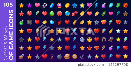 Arcade game icons for interface design and GUI elements assets of casino or trophy stars. Video game UI icons of cartoon gems and gold items, heart and money or pirate treasure chest and medal ward Arcade game icons for interface design and GUI elements assets of casino or trophy stars. Video game UI icons of cartoon gems and gold items, heart and money or pirate treasure chest and medal ward 142297708