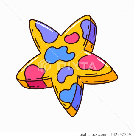 Retro groovy spotted golden star decoration or sticker. Funky isolated decoration, comic retro vector sticker. Groovy colorful element with blue, purple and pink stains on yellow five point star Retro groovy spotted golden star decoration or sticker. Funky isolated decoration, comic retro vector sticker. Groovy colorful element with blue, purple and pink stains on yellow five point star 142297709