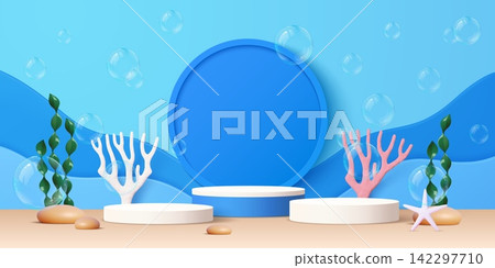 3D cosmetic products promotion podium stage stand with sea corals, water bubbles and seaweeds. Underwater scene with white and pink corals, starfish and rocks against blue ocean marine background 3D cosmetic products promotion podium stage stand with sea corals, water bubbles and seaweeds. Underwater scene with white and pink corals, starfish and rocks against blue ocean marine background 142297710