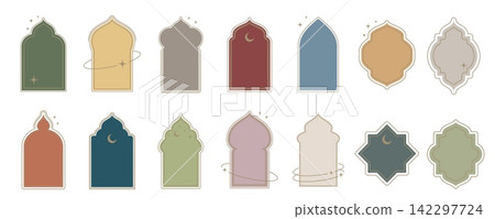 Arabian, Persian and Turkish border frames, Middle East Islamic Ramadan doors and arc window shapes. Islamic shapes or Indian arch pattern design elements and ornaments of Arab mosque window frames Arabian, Persian and Turkish border frames, Middle East Islamic Ramadan doors and arc window shapes. Islamic shapes or Indian arch pattern design elements and ornaments of Arab mosque window frames 142297724