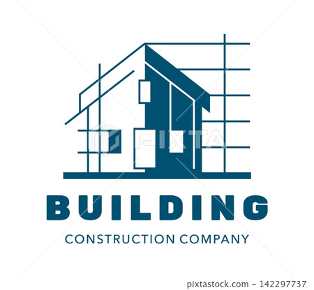 House building icon, real estate agency, residence apartment construction symbols with countryside house blueprint framework lines. Geometric emblem for architecture company service and home planning 142297737