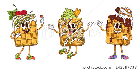 Cartoon groovy Belgian waffle characters topped with cherries, mint leaves, chocolate sauce, pistachio cream and whipped cream dancing. Funky breakfast, dessert, fun food comic wafer hippie personages 142297738