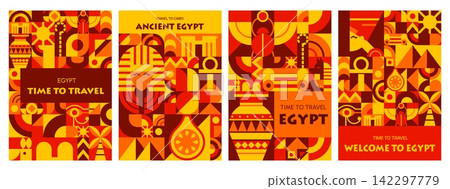 Ancient Egypt travel trip and vacation posters with geometric pattern including the Sphinx, pyramids and scarabs. Flat orange red banners for tourism agencies and historical museum exhibitions Ancient Egypt travel trip and vacation posters with geometric pattern including the Sphinx, pyramids and scarabs. Flat orange red banners for tourism agencies and historical museum exhibitions 142297779
