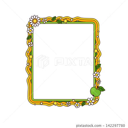 Groovy retro wavy frame border decorated with daisies, leaves, stars and green apple fruit. Blank square cartoon psychedelic scalloped border frame conveying funky spring and vintage pop art y2k vibes Groovy retro wavy frame border decorated with daisies, leaves, stars and green apple fruit. Blank square cartoon psychedelic scalloped border frame conveying funky spring and vintage pop art y2k vibes 142297780