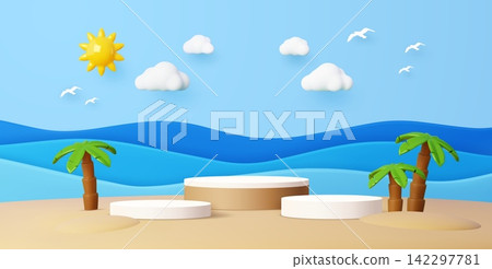 Kids podium stage stand with sand beach, sea water waves, white clouds and palms. 3D pedestal for cosmetic products promotions. Summer holiday scene featuring round base, layered sea waves and sun Kids podium stage stand with sand beach, sea water waves, white clouds and palms. 3D pedestal for cosmetic products promotions. Summer holiday scene featuring round base, layered sea waves and sun 142297781