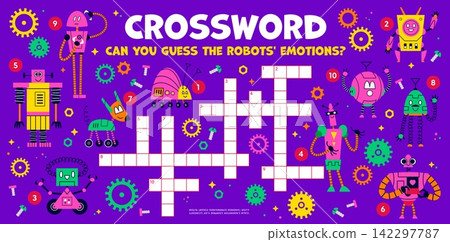 Crossword quiz game grid with funny robot droids characters. Kid activity word puzzle quiz worksheet of guess the robot emotions crossword game with cartoon cute AI bot animals and humanoid cyborgs Crossword quiz game grid with funny robot droids characters. Kid activity word puzzle quiz worksheet of guess the robot emotions crossword game with cartoon cute AI bot animals and humanoid cyborgs 142297787
