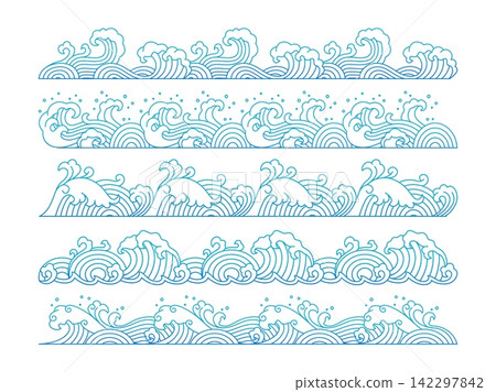 Oriental sea and ocean water waves for border dividers and Asian patterns. Asian wave frames in Japanese or Chinese line art blue wavy outline ornament, water foam or river tide ripples of surf splash Oriental sea and ocean water waves for border dividers and Asian patterns. Asian wave frames in Japanese or Chinese line art blue wavy outline ornament, water foam or river tide ripples of surf splash 142297842
