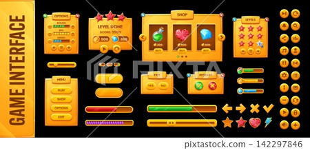 Game UI interface with golden buttons, indicators or rewards and level windows. Video game interface with loading scale and menu of gamer GUI assets and arcade videogame user elements of gold bars Game UI interface with golden buttons, indicators or rewards and level windows. Video game interface with loading scale and menu of gamer GUI assets and arcade videogame user elements of gold bars 142297846