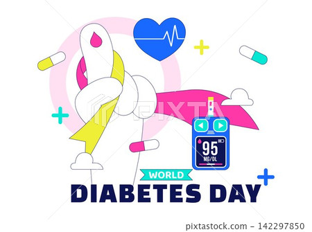 World Diabetes Day Vector Illustration Featuring Blood Glucose Meter, Insulin Syringe, Awareness Ribbon, Healthy Lifestyle and Medical Care World Diabetes Day Vector Illustration Featuring Blood Glucose Meter, Insulin Syringe, Awareness Ribbon, Healthy Lifestyle and Medical Care 142297850