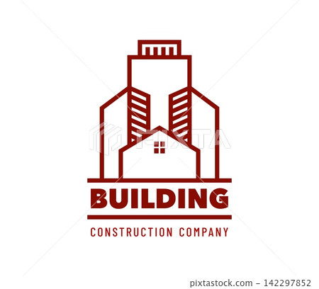 Building construction, real estate agency, apartment residence icon, house apartment emblem with city house silhouette. Construction company label for property rental and home ownership community Building construction, real estate agency, apartment residence icon, house apartment emblem with city house silhouette. Construction company label for property rental and home ownership community 142297852