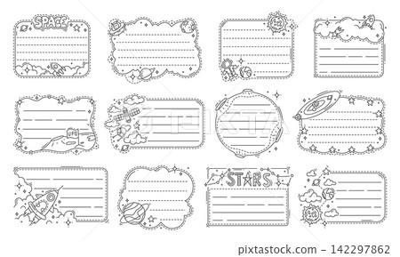 Galaxy space stars, planets and rockets kids memo note frame stickers. Vector monochrome, linear bullet journal, album, scrapbook or diary borders with cosmic elements, notebook, sketchbook, messages Galaxy space stars, planets and rockets kids memo note frame stickers. Vector monochrome, linear bullet journal, album, scrapbook or diary borders with cosmic elements, notebook, sketchbook, messages 142297862