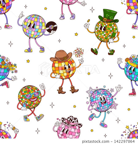 Groovy disco ball characters seamless pattern. Repeated details groovy vector print, seamless pattern with disco ball funky characters in cowboy and leprechaun hats, flower wreath and sunglasses Groovy disco ball characters seamless pattern. Repeated details groovy vector print, seamless pattern with disco ball funky characters in cowboy and leprechaun hats, flower wreath and sunglasses 142297864