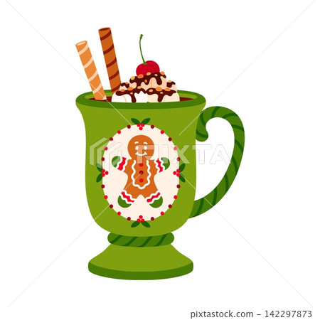 Christmas green ceramic mug with gingerbread man decoration. Festive holiday cocoa drink with whipped cream, cherry and wafer rolls for Christmas cards, cafe menus and winter seasonal packaging Christmas green ceramic mug with gingerbread man decoration. Festive holiday cocoa drink with whipped cream, cherry and wafer rolls for Christmas cards, cafe menus and winter seasonal packaging 142297873