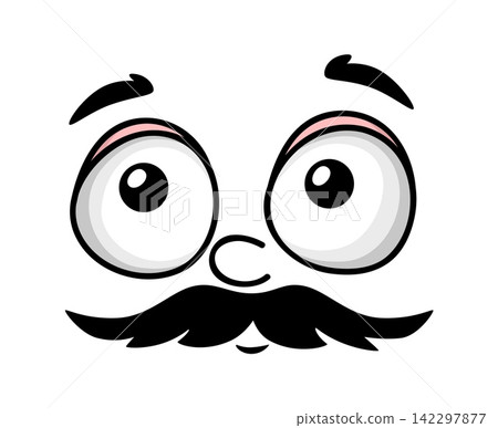 Cartoon face with scared facial expression, large wide eyes, small nose and curved mustaches. Friendly character face with subtle smile for print merchandise, apparel or social media Cartoon face with scared facial expression, large wide eyes, small nose and curved mustaches. Friendly character face with subtle smile for print merchandise, apparel or social media 142297877