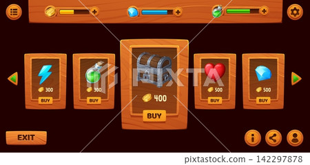 Game wooden interface windows and icons with loading bars for store panel UI. Game shop windows and sale board frames with hear life and diamond for mobile game shop or store inventory buy items Game wooden interface windows and icons with loading bars for store panel UI. Game shop windows and sale board frames with hear life and diamond for mobile game shop or store inventory buy items 142297878