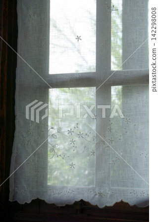 Greenery and white curtains visible through the window Greenery and white curtains visible through the window 142298008