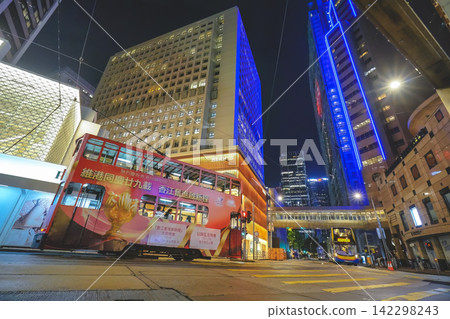 Hong Kong June 26 2026 Queen Road Central night street view with iconic trams 142298243