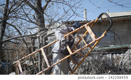 A man in work clothes carries a yellow ladder through the garden. He is a professional tree pruner. Spring cleaning of the garden A man in work clothes carries a yellow ladder through the garden. He is a professional tree pruner. Spring cleaning of the garden 142298459
