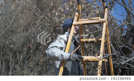 The gardener. A construction worker carries a yellow ladder through the garden. A man uses a ladder to climb a tree and cut dry branches The gardener. A construction worker carries a yellow ladder through the garden. A man uses a ladder to climb a tree and cut dry branches 142298460