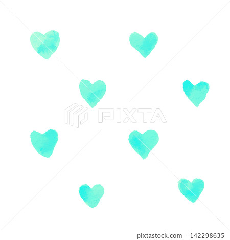 A refreshing, hand-drawn watercolor background and decorative element featuring mint green hearts arranged in a polka-dot pattern. A refreshing, hand-drawn watercolor background and decorative element featuring mint green hearts arranged in a polka-dot pattern. 142298635