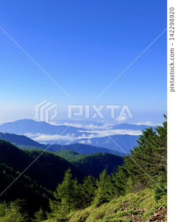 A view of Mount Fuji and the summer mountain scenery from the summit of Mt. Kumotori, the highest peak in Tokyo, surrounded by blue skies and cumulus clouds, and the Kumotori Mountain refuge hut. A view of Mount Fuji and the summer mountain scenery from the summit of Mt. Kumotori, the highest peak in Tokyo, surrounded by blue skies and cumulus clouds, and the Kumotori Mountain refuge hut. 142298920