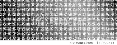 Metallic disco ball party seamless pattern. Shiny silver mosaic sparkle background. Metal glitter sequin wallpaper. Glam grey mirror tiles for Christmas party decor, New Year backdrop. Vector 142299243