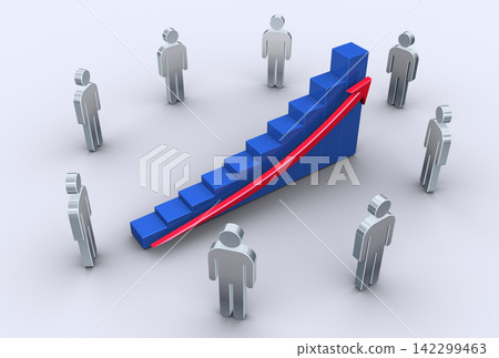 Human-shaped icons gather on an upward-sloping graph. 142299463