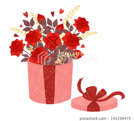 A bouquet of flowers in gift wrapping. Red, scarlet roses, hearts. Isolation, composition. Love. hand drawn illustration in a flat style. Watercolor 142299475
