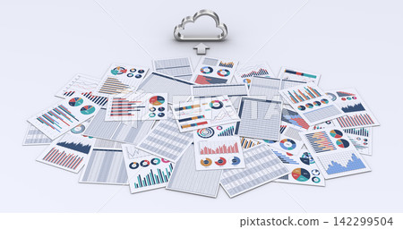 Business documents, cloud icons, and a digital conversion image. Business documents, cloud icons, and a digital conversion image. 142299504