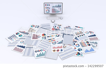 A desktop computer displaying business documents and data; an image of data conversion. A desktop computer displaying business documents and data; an image of data conversion. 142299507