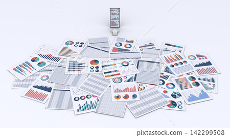 A smartphone displaying business documents and data; an image of data conversion. A smartphone displaying business documents and data; an image of data conversion. 142299508