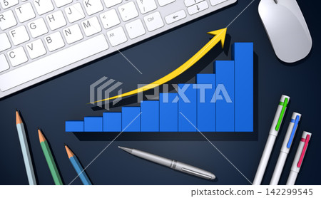 Business items and rising 3D bar graphs, a vision of business growth. Business items and rising 3D bar graphs, a vision of business growth. 142299545