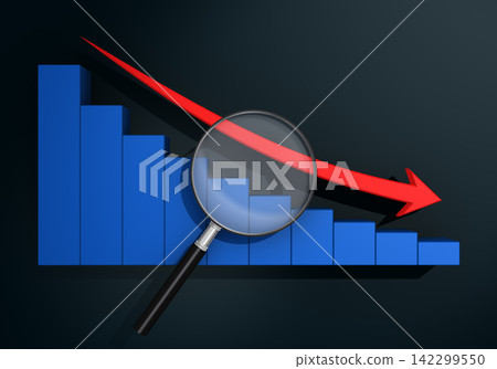 Examining a descending 3D bar graph with a magnifying glass. Examining a descending 3D bar graph with a magnifying glass. 142299550