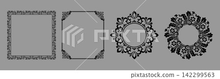 Set of decorative frames Elegant vector element for design in Eastern style, place for text. Floral black and gray frames. Lace illustration for invitations and greeting cards Set of decorative frames Elegant vector element for design in Eastern style, place for text. Floral black and gray frames. Lace illustration for invitations and greeting cards 142299563