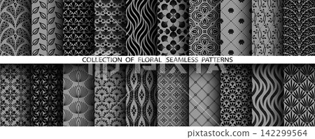 Geometric floral set of seamless patterns. Gray and black vector backgrounds. Damask graphic ornaments Geometric floral set of seamless patterns. Gray and black vector backgrounds. Damask graphic ornaments 142299564