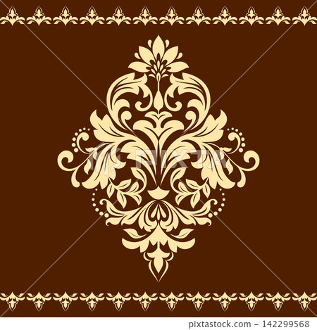 Damask graphic ornament. Floral design element. Brown and golden vector pattern Damask graphic ornament. Floral design element. Brown and golden vector pattern 142299568