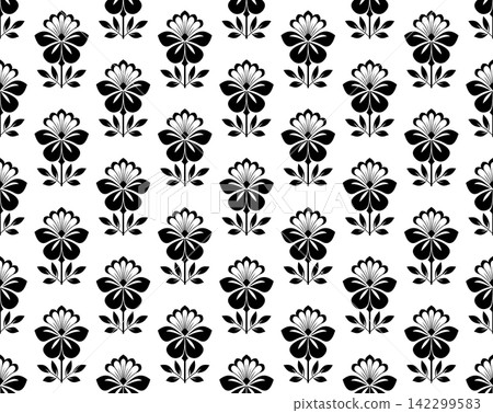 Flower geometric pattern. Seamless vector background. White and black ornament. Flower geometric pattern. Seamless vector background. White and black ornament. 142299583
