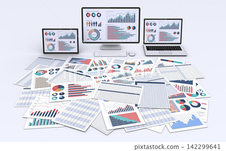 A computer displaying business documents and data A computer displaying business documents and data 142299641