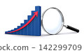 An upward-moving 3D arrow, bar graph, and magnifying glass create an image of strong performance. 142299709
