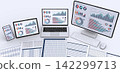 Image of computer device displaying business documents and data, data analysis and review 142299713
