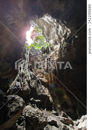 Low angle view of a dark cave exit Low angle view of a dark cave exit 142299880