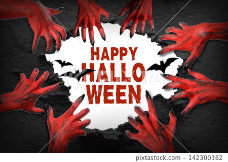 Halloween. Red hands emerge from a dark background, conveying a chilling Halloween atmosphere Halloween. Red hands emerge from a dark background, conveying a chilling Halloween atmosphere 142300382