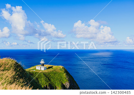 The lush green cliffs and the Motochi Lighthouse stand out against the blue sky on the Momoiwa course of the Rishiri-Rebun-Sarobetsu National Park on Rebun Island. The lush green cliffs and the Motochi Lighthouse stand out against the blue sky on the Momoiwa course of the Rishiri-Rebun-Sarobetsu National Park on Rebun Island. 142300485