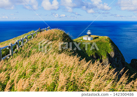 The Motochi Lighthouse stands on a hill overlooking the vast ocean on Rebun Island, Hokkaido, with the horizon stretching endlessly into the distance. The Motochi Lighthouse stands on a hill overlooking the vast ocean on Rebun Island, Hokkaido, with the horizon stretching endlessly into the distance. 142300486