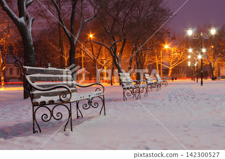 row of benches in park at winter morning row of benches in park at winter morning 142300527