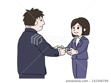 Illustration of a supervisor presenting a letter of appointment to a female employee at a job offer ceremony (presentation, recruitment, business, color, vector) Illustration of a supervisor presenting a letter of appointment to a female employee at a job offer ceremony (presentation, recruitment, business, color, vector) 142300794