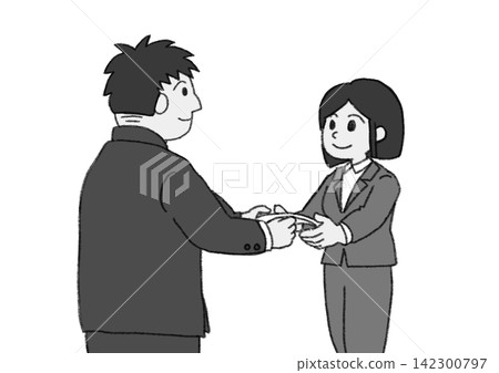 Black and white illustration of a supervisor presenting a letter of appointment to a female employee at a job offer ceremony (presentation, hiring, monochrome, JPG) Black and white illustration of a supervisor presenting a letter of appointment to a female employee at a job offer ceremony (presentation, hiring, monochrome, JPG) 142300797